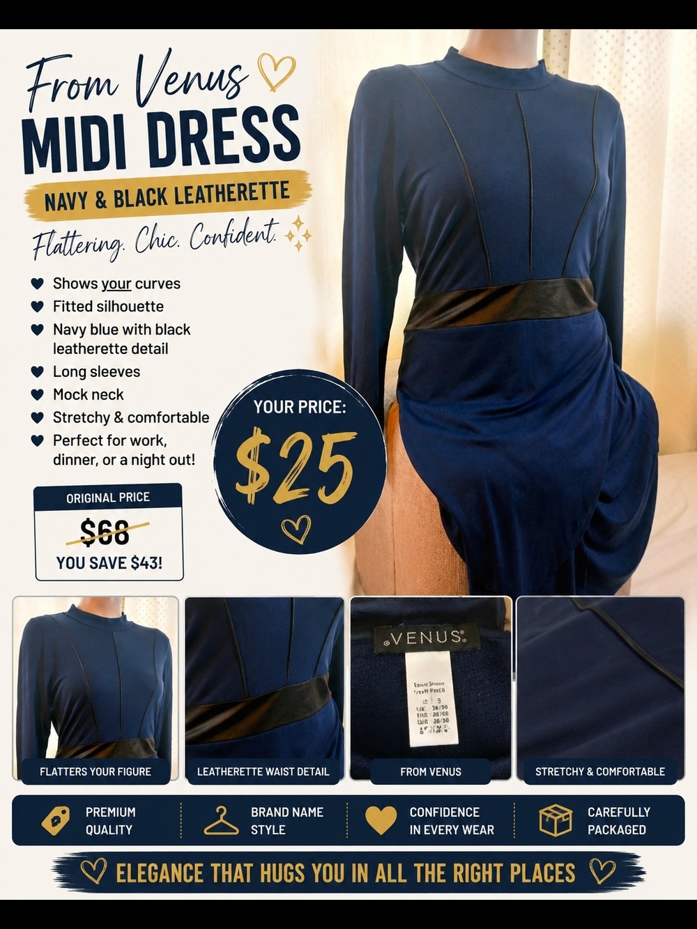 Venus Navy Blue Midi Dress with Black Leatherette Waist